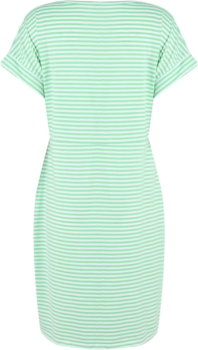 BAXLIMEK Midi Dresses for Women,2025 Summer Trendy Striped Casual Crewneck Short Sleeve T Shirt Dress Tie Waist with Pockets