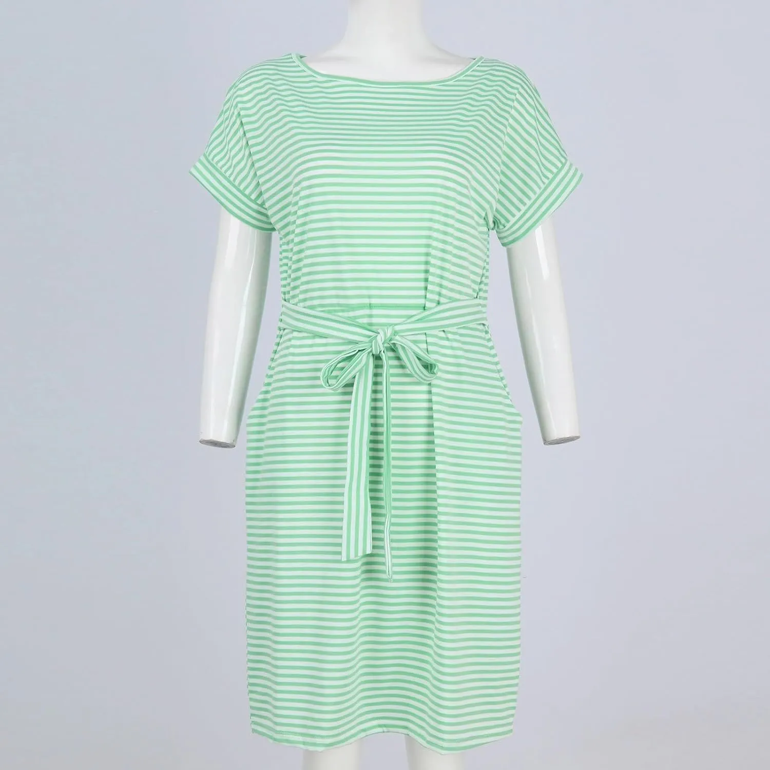 BAXLIMEK Midi Dresses for Women,2025 Summer Trendy Striped Casual Crewneck Short Sleeve T Shirt Dress Tie Waist with Pockets