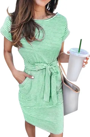 BAXLIMEK Midi Dresses for Women,2025 Summer Trendy Striped Casual Crewneck Short Sleeve T Shirt Dress Tie Waist with Pockets