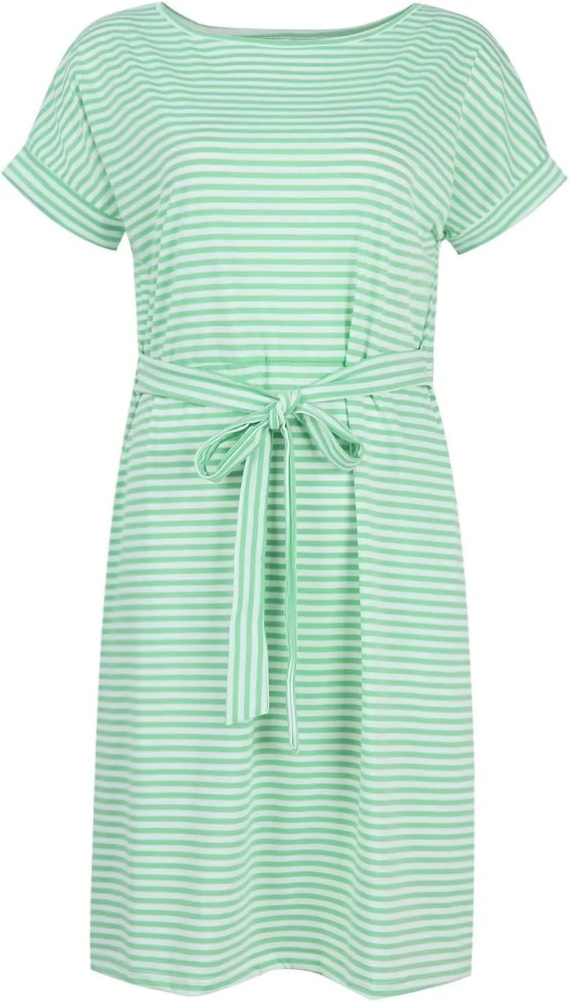 BAXLIMEK Midi Dresses for Women,2025 Summer Trendy Striped Casual Crewneck Short Sleeve T Shirt Dress Tie Waist with Pockets