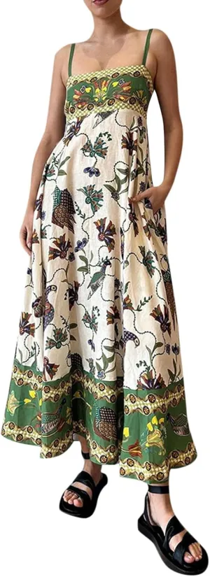 Beach Dresses for Women 2025 Vacation Spaghetti Strap Graffiti Maxi Dress Graphic A Line Swing Long Cami Dress