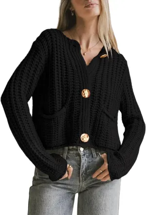 BeautyNee Women's Cardigan Sweaters Button Down Cropped Chunky Knit Cardigan Jacket Long Sleeve Trendy Tops with Pockets
