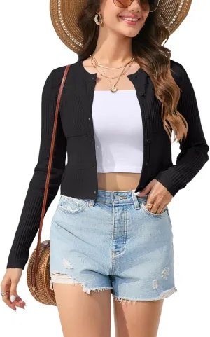 BeautyNee Women's Long Sleeve Cropped Cardigan Sweaters Crewneck Knit Shrugs Solid Button Down Shrugs for Dresses