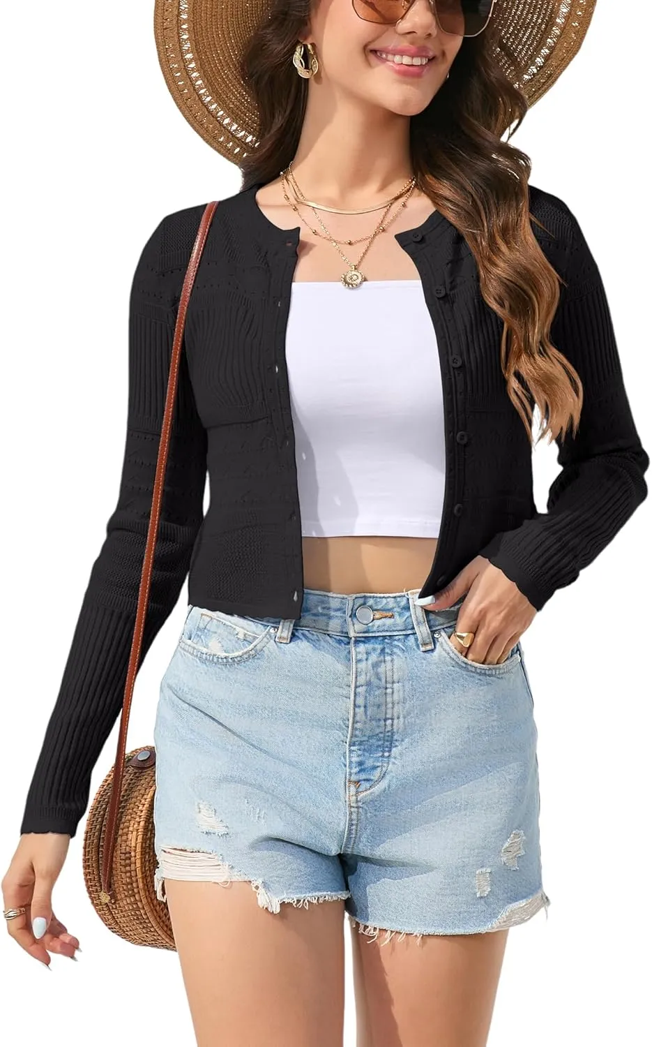 BeautyNee Women's Long Sleeve Cropped Cardigan Sweaters Crewneck Knit Shrugs Solid Button Down Shrugs for Dresses