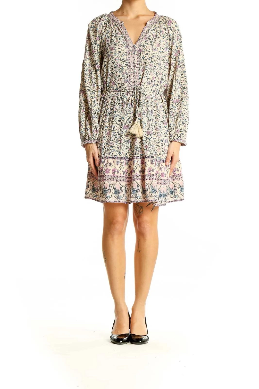 Beige Floral Boho Mini Dress