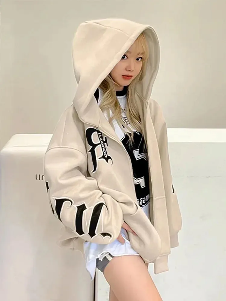 Black Friday Joskaa Letter Printed Zip Hoodie Women Gothic Grunge Punk Hooded Oversize Jacket Coats Streetwear Sweatshirts for Female Tops