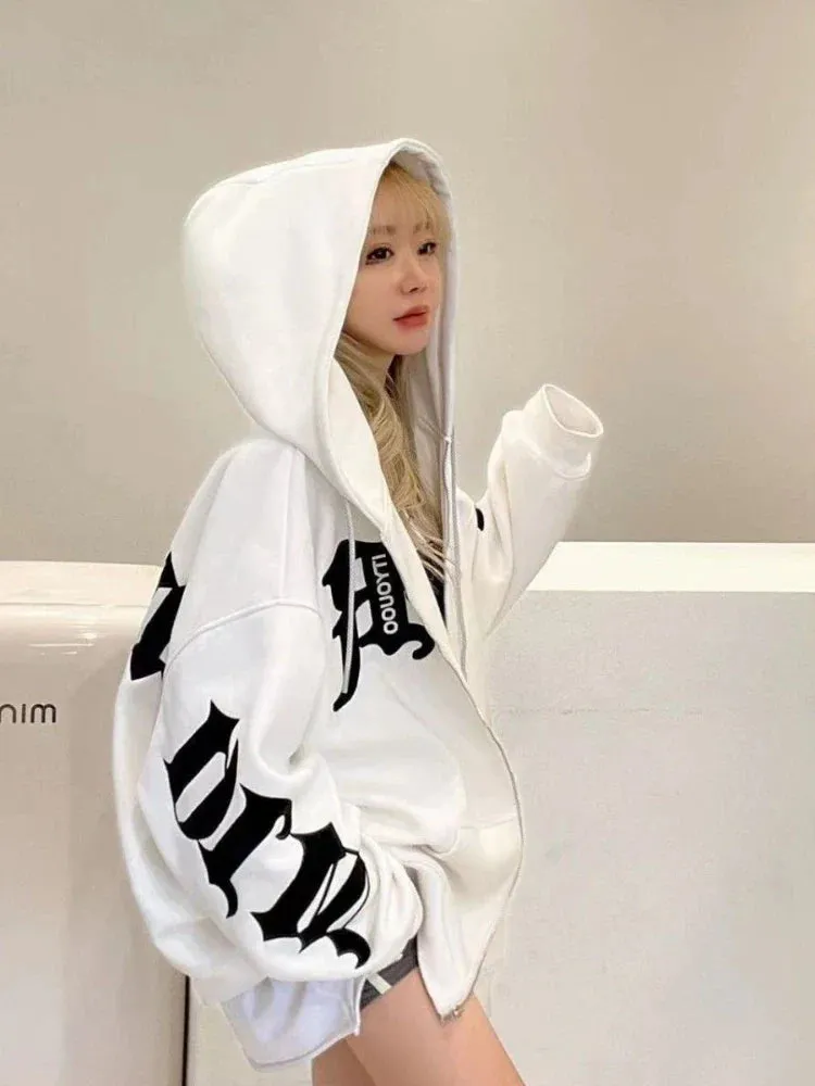 Black Friday Joskaa Letter Printed Zip Hoodie Women Gothic Grunge Punk Hooded Oversize Jacket Coats Streetwear Sweatshirts for Female Tops