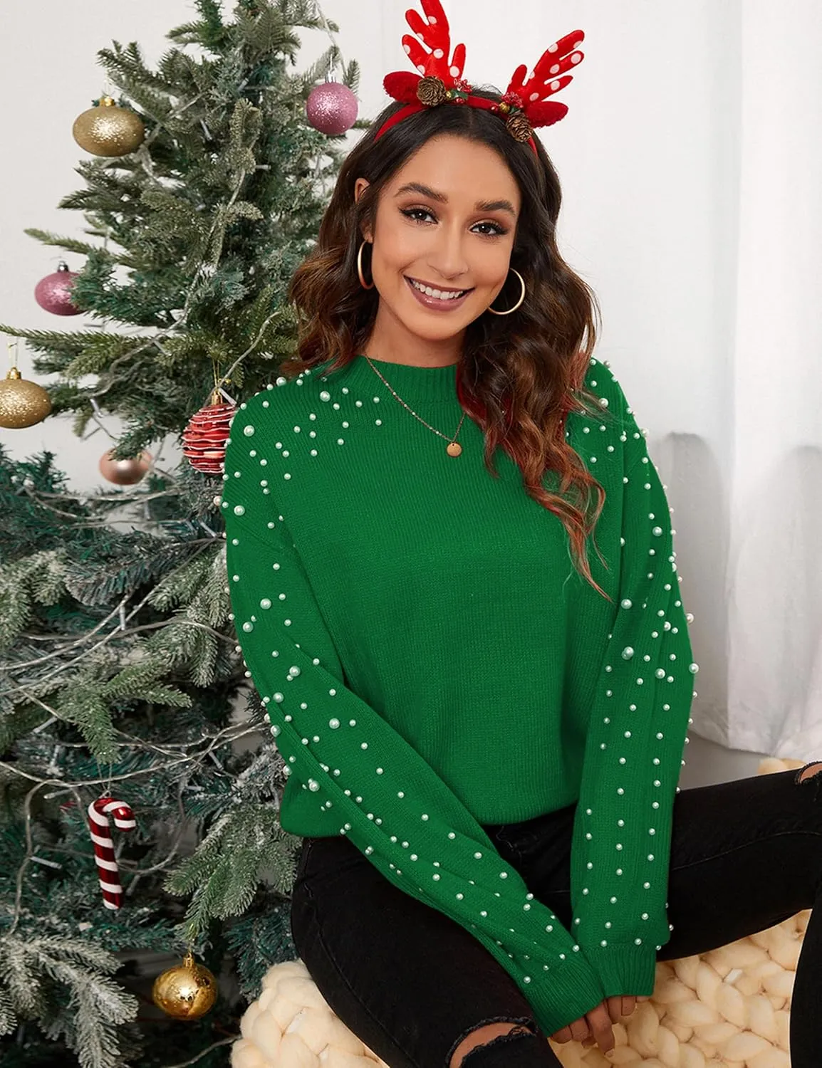 Blooming Jelly Women's Chunky Sweater Crewneck Sweatshirt Knit Lantern Sleeve Oversized Pullover Sweater with Pearls