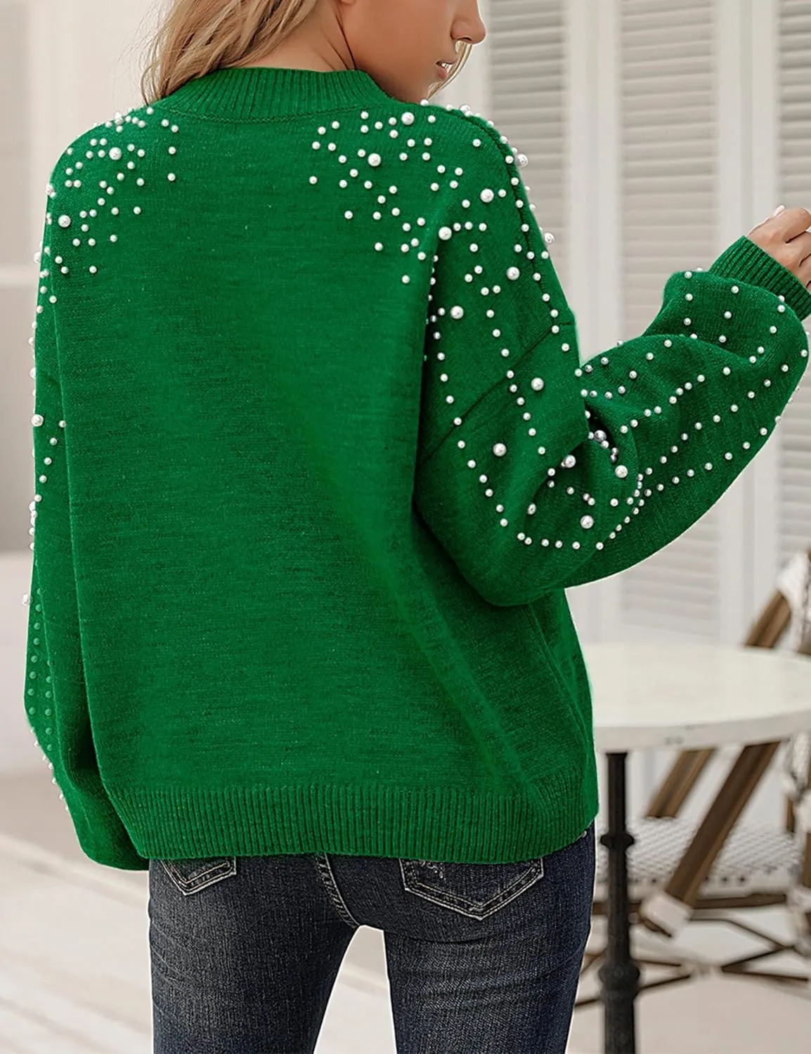 Blooming Jelly Women's Chunky Sweater Crewneck Sweatshirt Knit Lantern Sleeve Oversized Pullover Sweater with Pearls