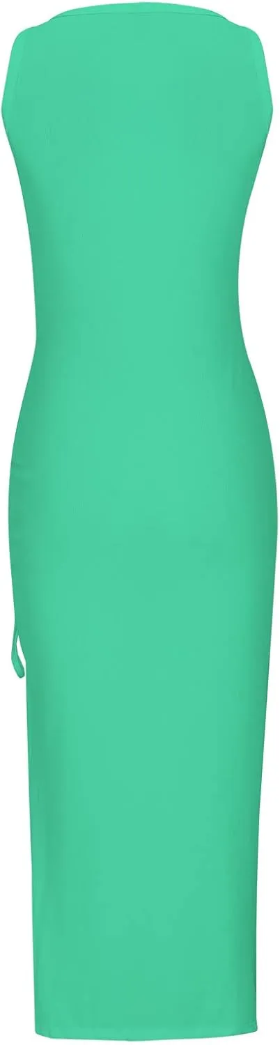 Bodycon Dresses for Women Summer Sexy Sleeveless Side Split Tank Dress Ruched Drawstring Club Going Out Midi Dresses