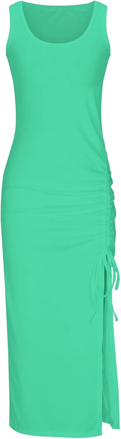 Bodycon Dresses for Women Summer Sexy Sleeveless Side Split Tank Dress Ruched Drawstring Club Going Out Midi Dresses