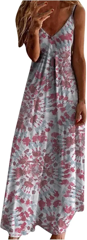 Boho Dresses for Women 2024 Casual Summer Sexy Spaghetti Strap Maxi Dress Sleeveless Beach Flowy Sundresses