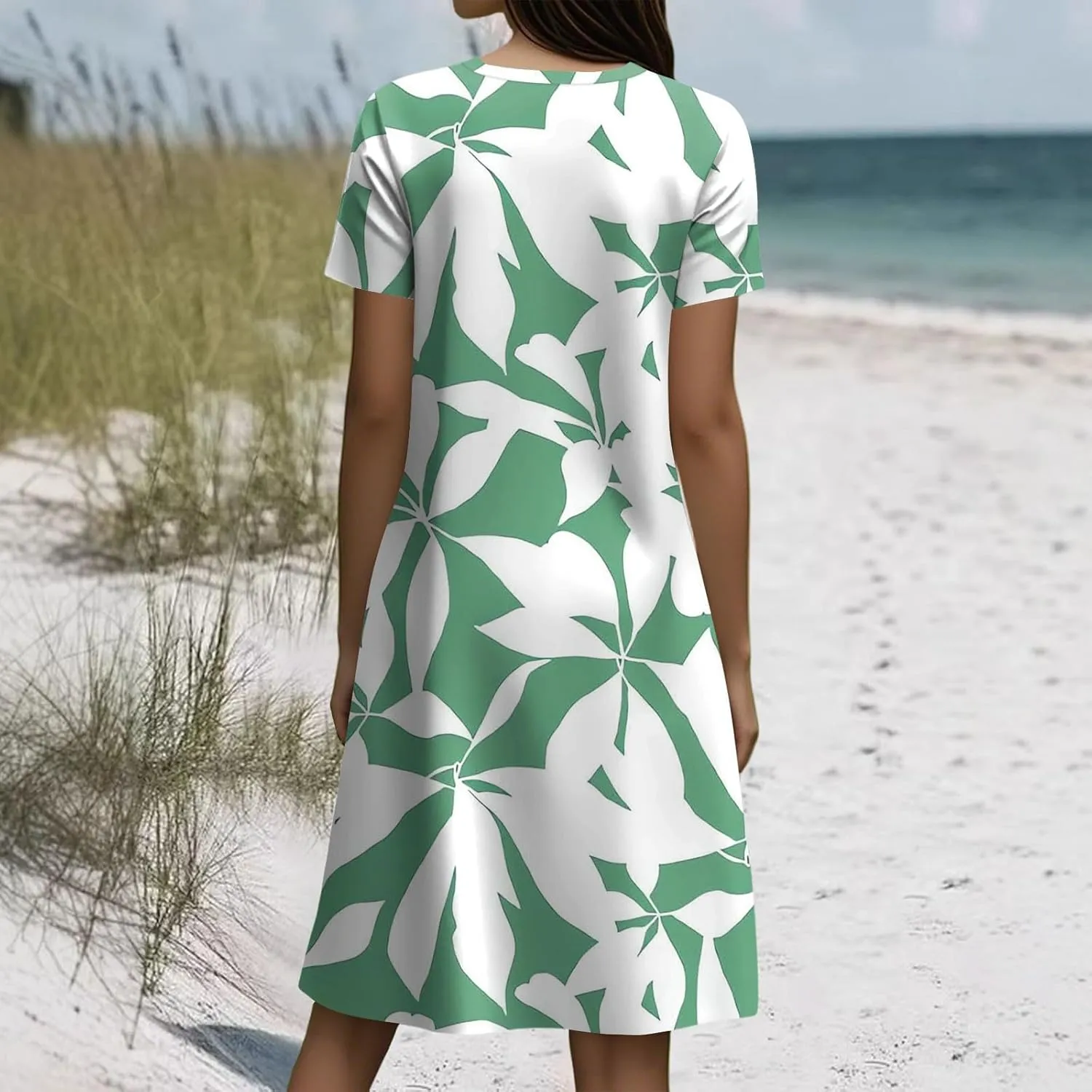Boho Dresses for Women Casual Summer Short Sleeve Midi Dress Plus Size Baggy Flowy Swing Beach Vacation Sundress