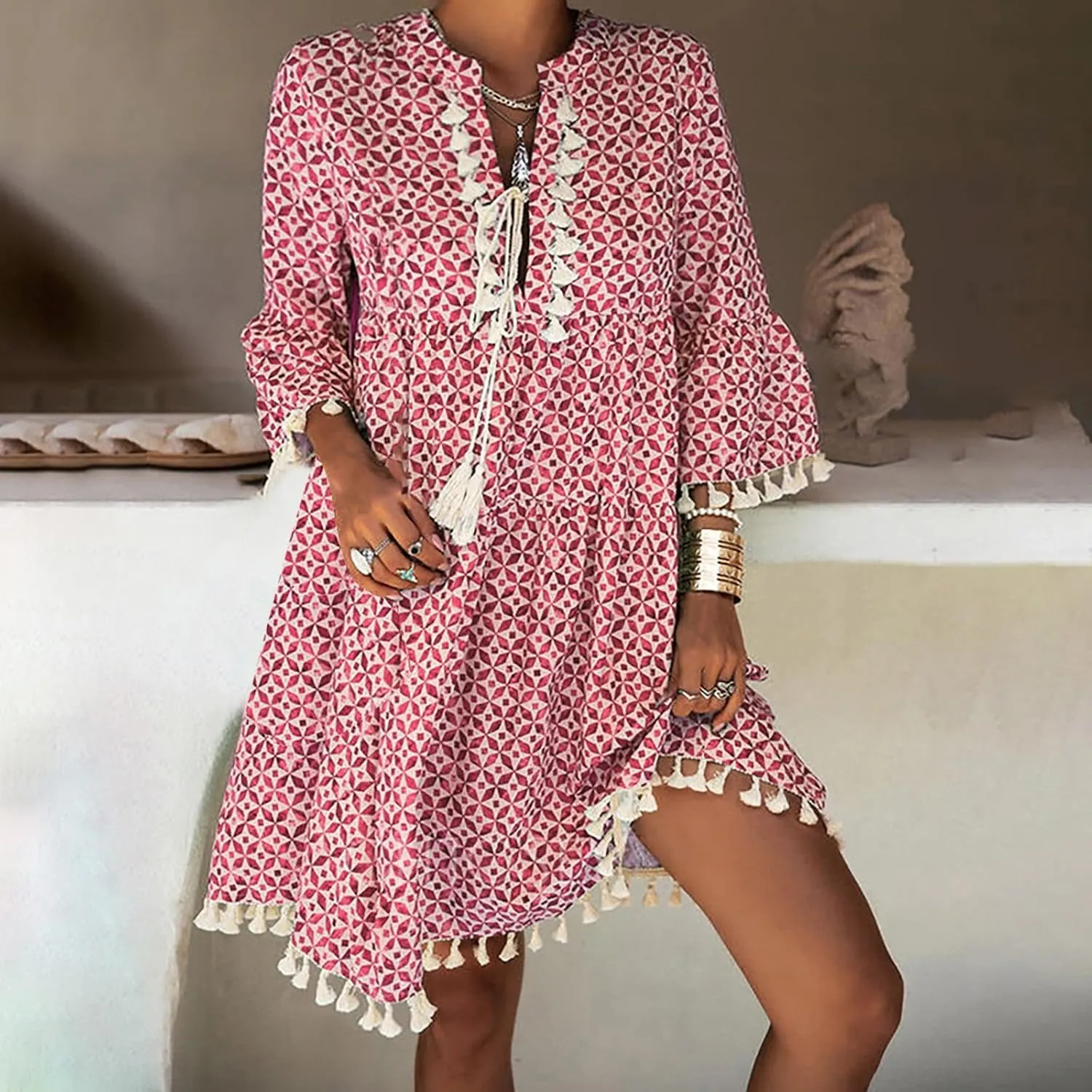 Boho Dresses for Women,2025 Summer Floral Print Tassel Beach Dress,Casual Loose V Neck 3/4 Sleeve Mini Vacation Dress