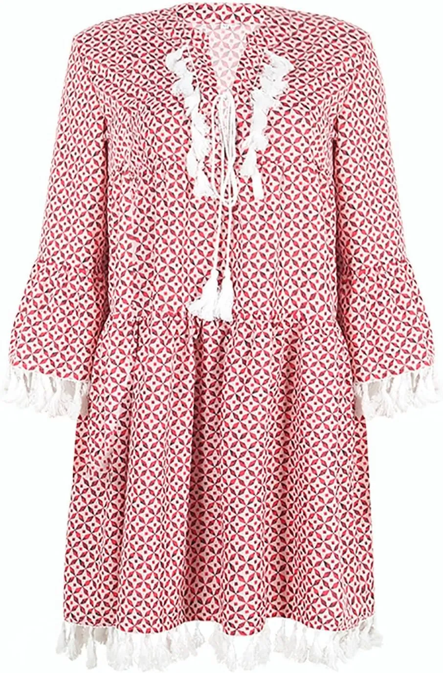 Boho Dresses for Women,2025 Summer Floral Print Tassel Beach Dress,Casual Loose V Neck 3/4 Sleeve Mini Vacation Dress