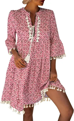Boho Dresses for Women,2025 Summer Floral Print Tassel Beach Dress,Casual Loose V Neck 3/4 Sleeve Mini Vacation Dress