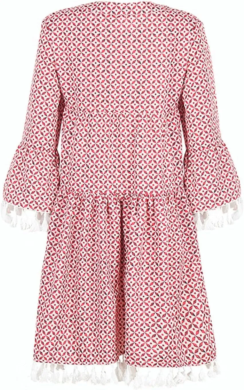 Boho Dresses for Women,2025 Summer Floral Print Tassel Beach Dress,Casual Loose V Neck 3/4 Sleeve Mini Vacation Dress