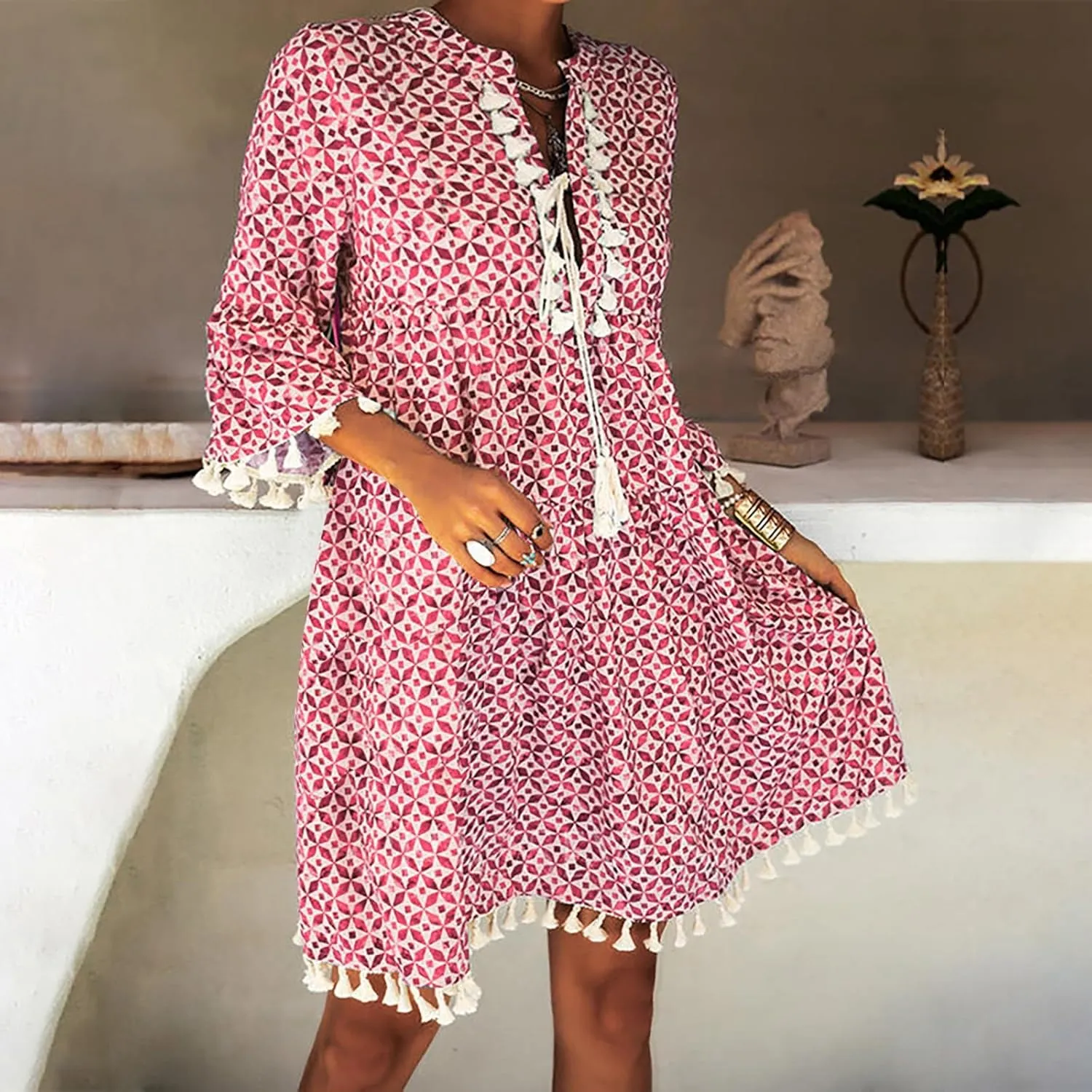 Boho Dresses for Women,2025 Summer Floral Print Tassel Beach Dress,Casual Loose V Neck 3/4 Sleeve Mini Vacation Dress