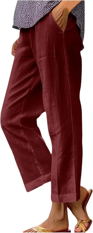 Boho Linen Pants for Women Solid Color Casual Cropped Capri Pants Summer Drawstring Straight Leg Trousers