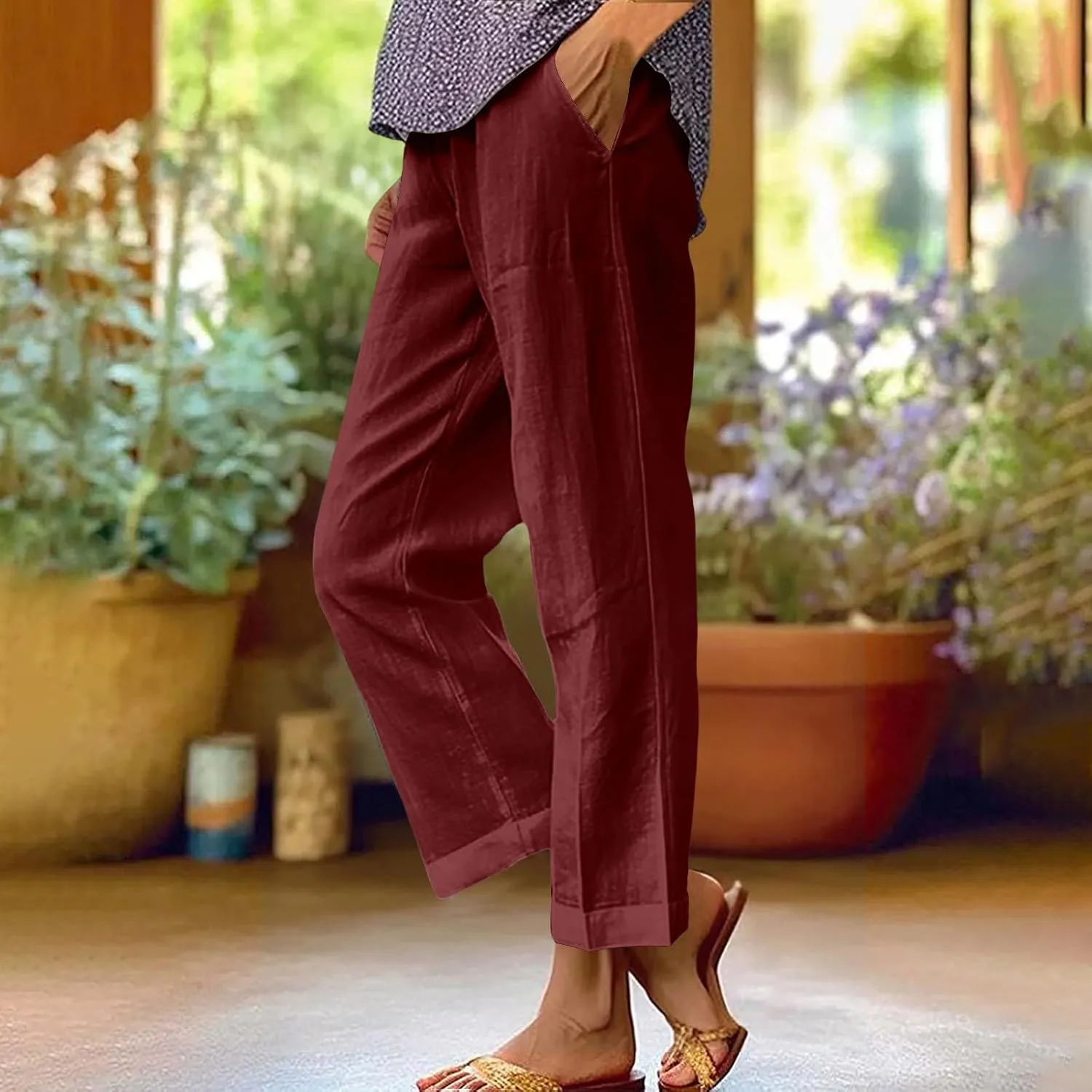 Boho Linen Pants for Women Solid Color Casual Cropped Capri Pants Summer Drawstring Straight Leg Trousers