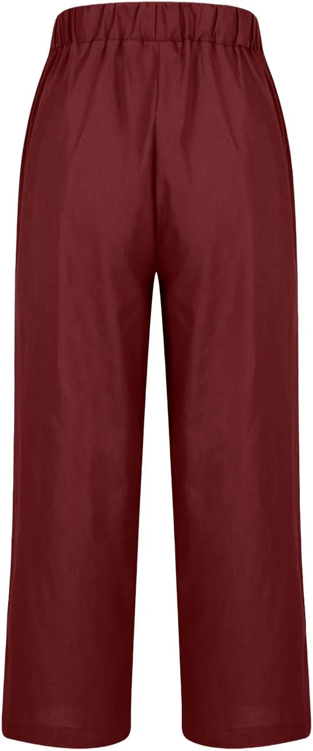 Boho Linen Pants for Women Solid Color Casual Cropped Capri Pants Summer Drawstring Straight Leg Trousers