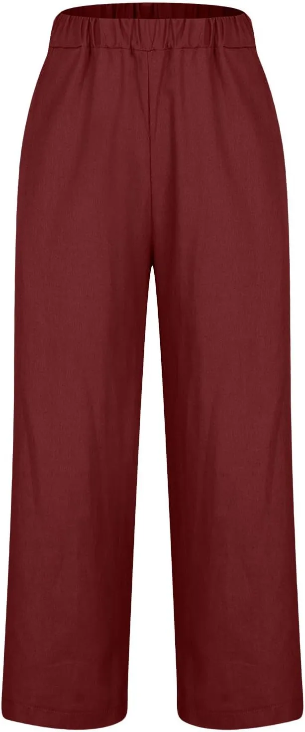 Boho Linen Pants for Women Solid Color Casual Cropped Capri Pants Summer Drawstring Straight Leg Trousers