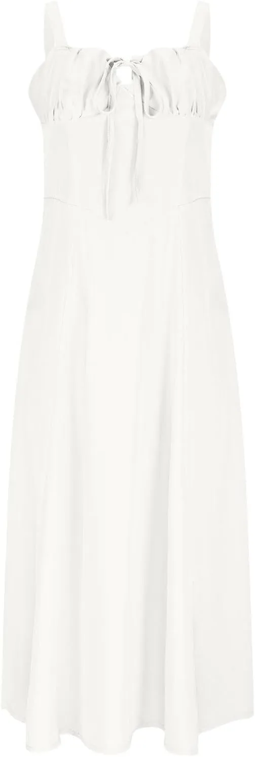 Boho Midi Corset Dress for Women Flowy Slit Lace Up Spaghetti Straps Square Neck Going Out A Line Bustier Dresses