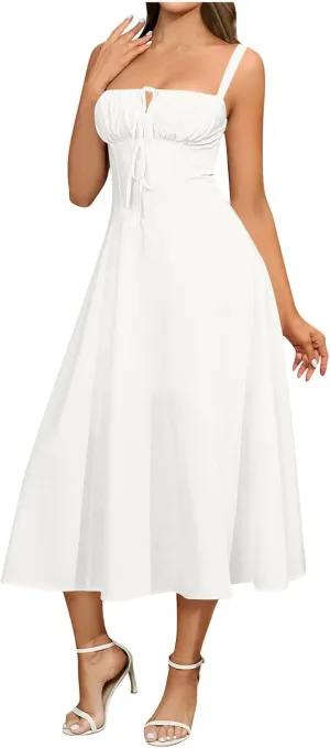 Boho Midi Corset Dress for Women Flowy Slit Lace Up Spaghetti Straps Square Neck Going Out A Line Bustier Dresses