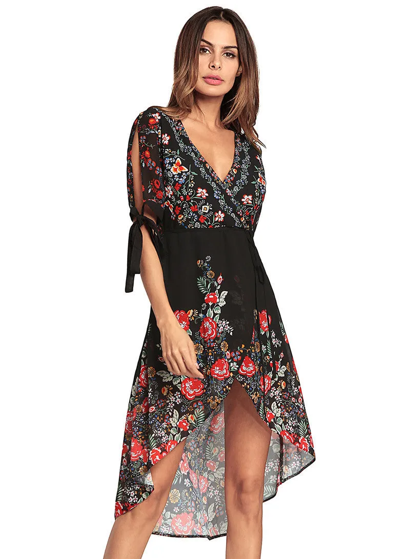 Boho Sexy Deep V Chiffon Dress Floral Print  Midi Dress