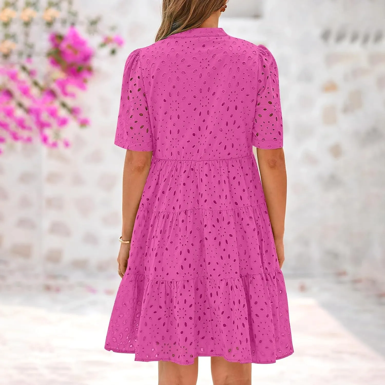 Boho Summer Dresses for Women 2025 Resort V Neck Short Sleeve Hollow Out Lace Ruffle Casual Beach Mini Vacation Dress