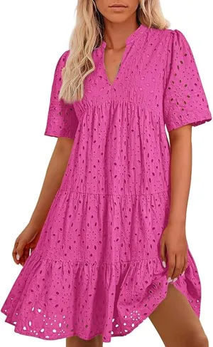 Boho Summer Dresses for Women 2025 Resort V Neck Short Sleeve Hollow Out Lace Ruffle Casual Beach Mini Vacation Dress