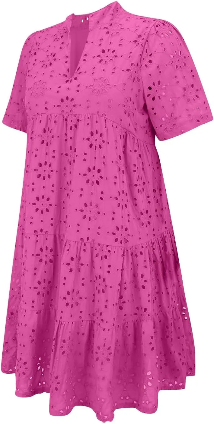 Boho Summer Dresses for Women 2025 Resort V Neck Short Sleeve Hollow Out Lace Ruffle Casual Beach Mini Vacation Dress