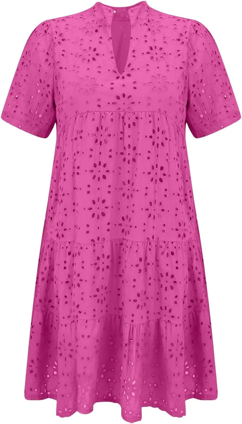 Boho Summer Dresses for Women 2025 Resort V Neck Short Sleeve Hollow Out Lace Ruffle Casual Beach Mini Vacation Dress