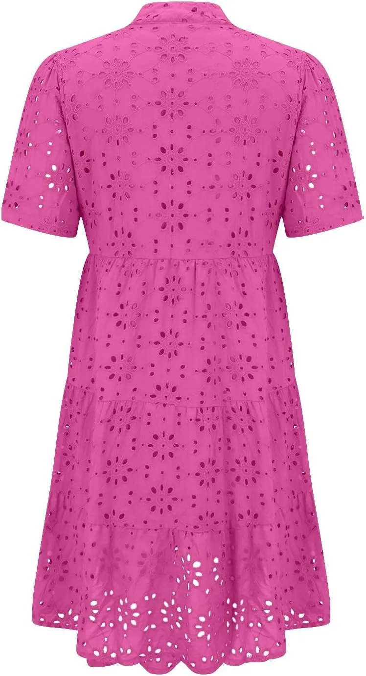 Boho Summer Dresses for Women 2025 Resort V Neck Short Sleeve Hollow Out Lace Ruffle Casual Beach Mini Vacation Dress