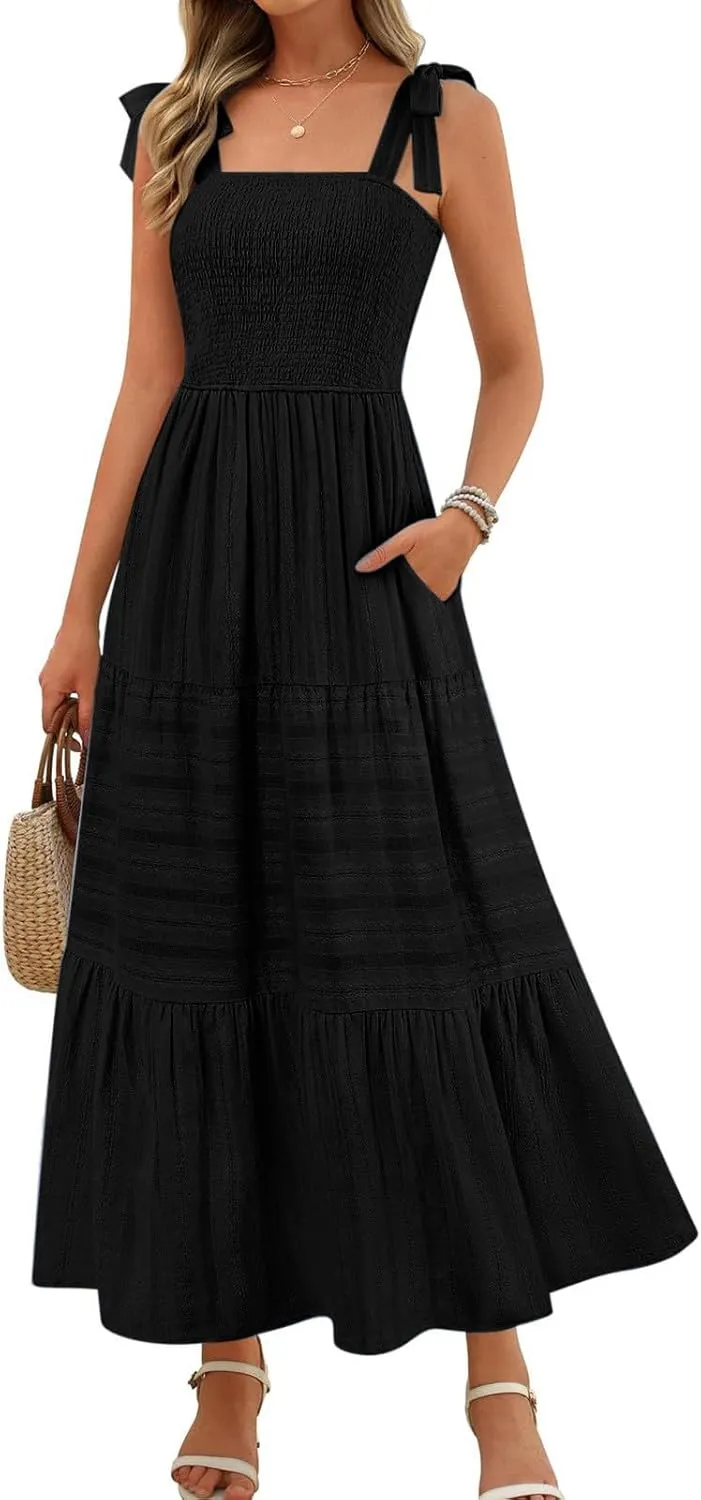 Boho Tie Shoulder Strap Sundress for Women Summer Sleeveless Square Neck Maxi Dresses Vintage Elegant Vacation A-Line Dress