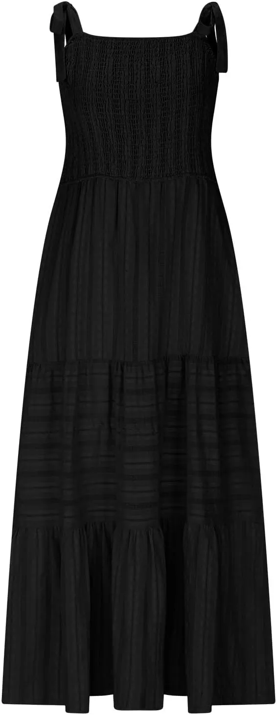 Boho Tie Shoulder Strap Sundress for Women Summer Sleeveless Square Neck Maxi Dresses Vintage Elegant Vacation A-Line Dress