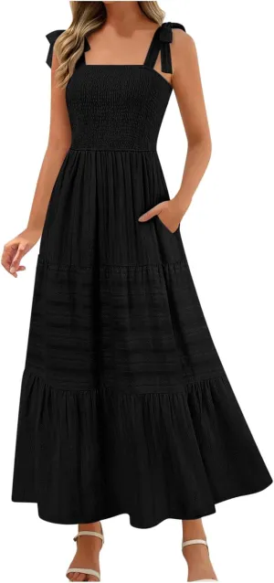 Boho Tie Shoulder Strap Sundress for Women Summer Sleeveless Square Neck Maxi Dresses Vintage Elegant Vacation A-Line Dress