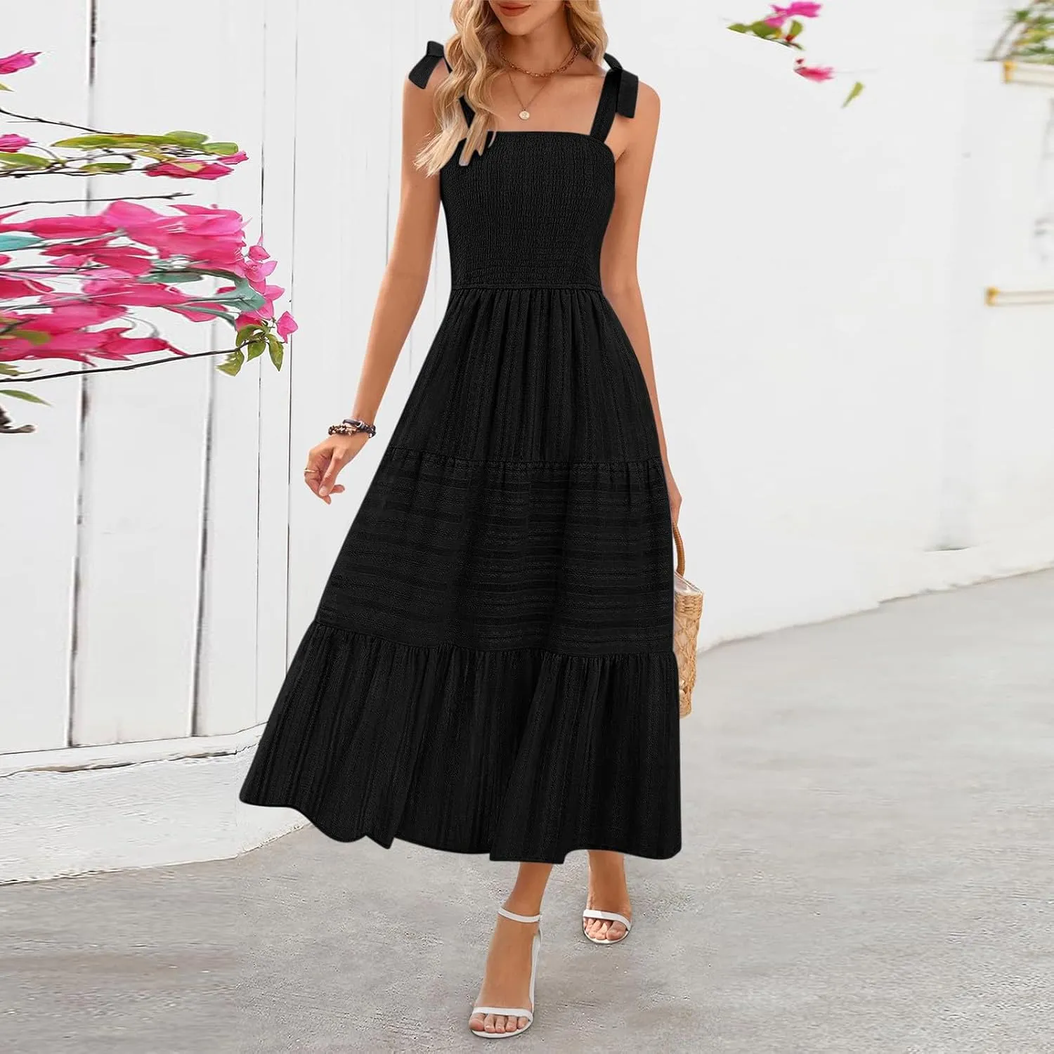 Boho Tie Shoulder Strap Sundress for Women Summer Sleeveless Square Neck Maxi Dresses Vintage Elegant Vacation A-Line Dress