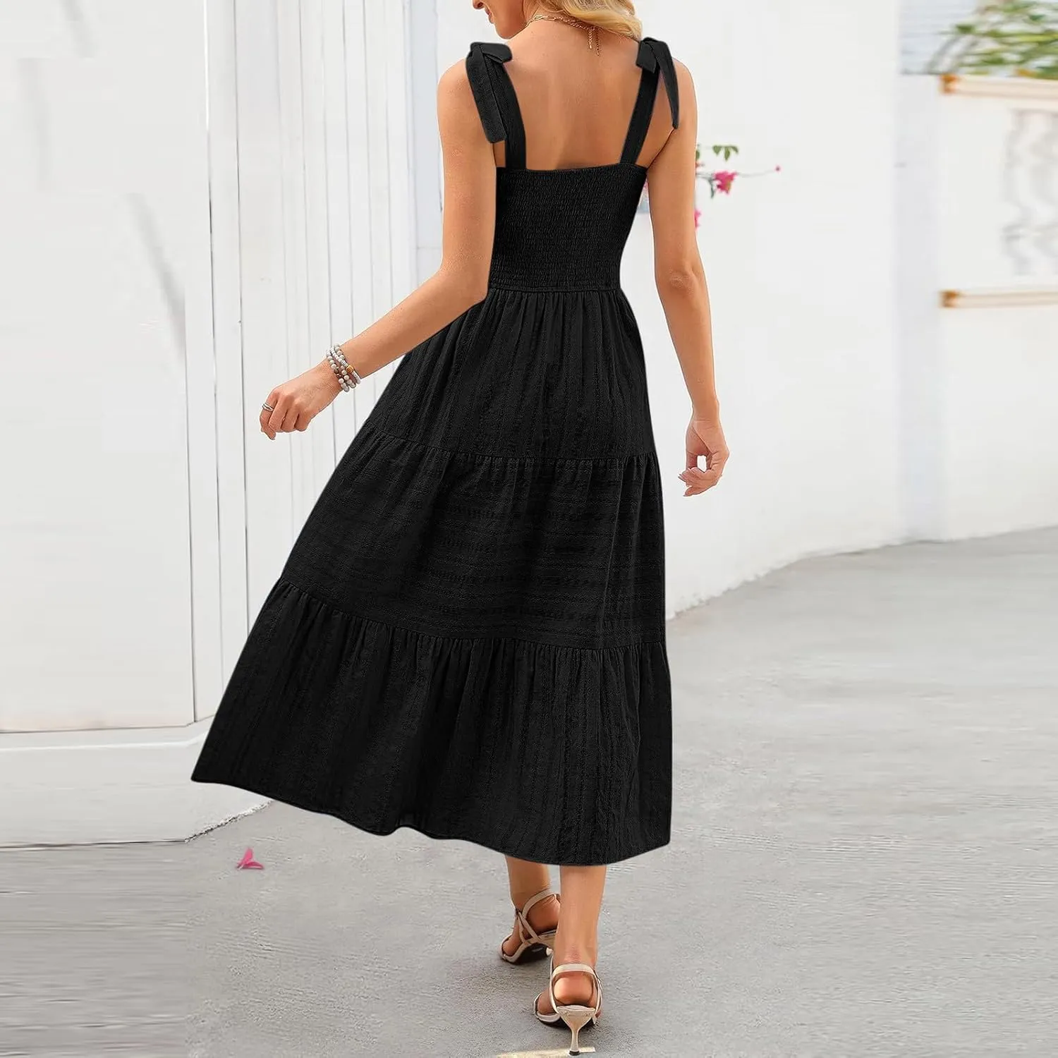 Boho Tie Shoulder Strap Sundress for Women Summer Sleeveless Square Neck Maxi Dresses Vintage Elegant Vacation A-Line Dress