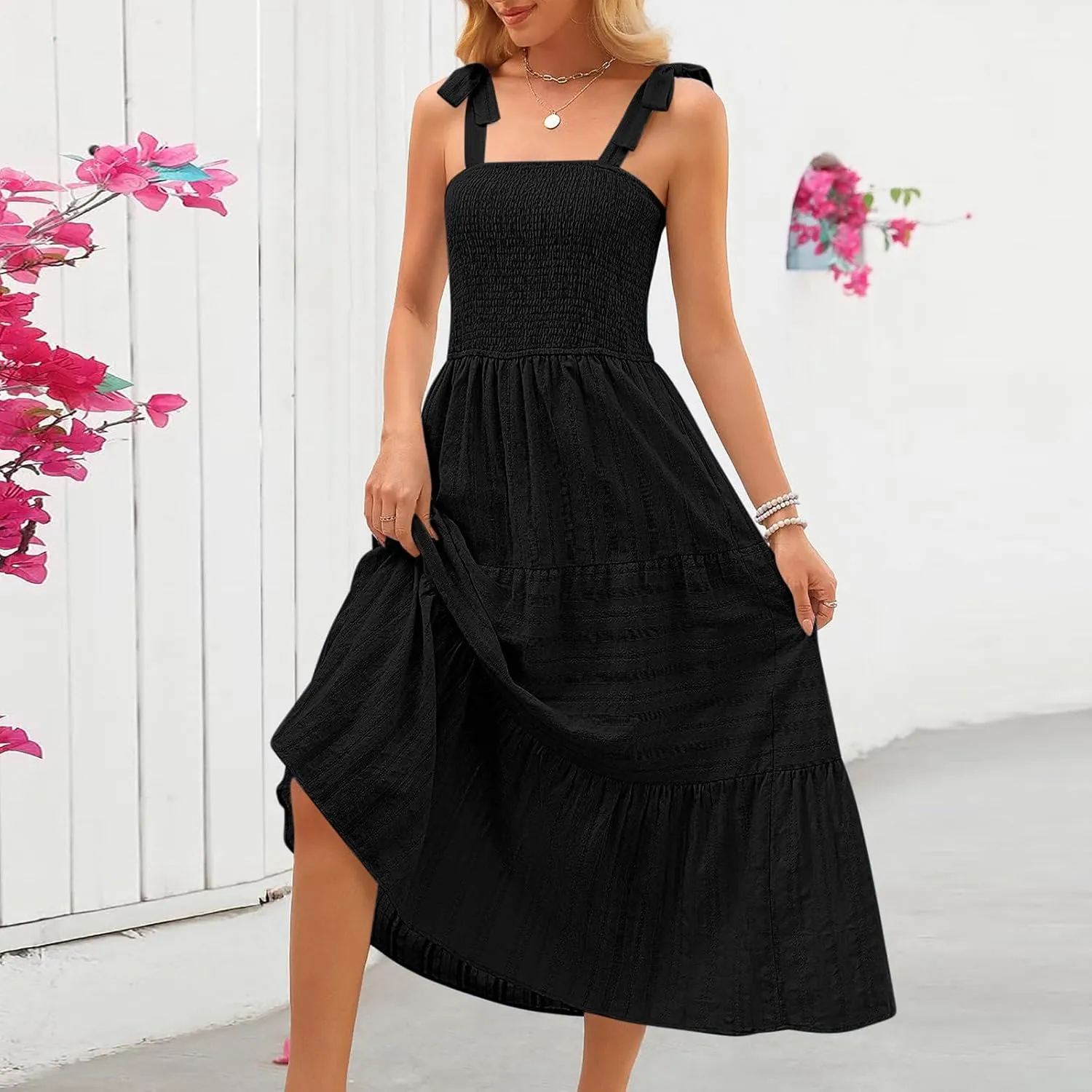 Boho Tie Shoulder Strap Sundress for Women Summer Sleeveless Square Neck Maxi Dresses Vintage Elegant Vacation A-Line Dress