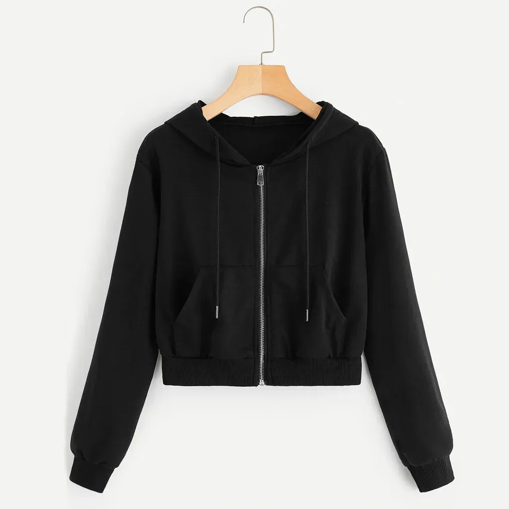 Bonnyshow Casual White Crop Top Jacket Women Casual Solid Long Sleeve Zipper Pocket Shirt Hooded Sweatshirt Tops Hoodies Female Ropa Mujer