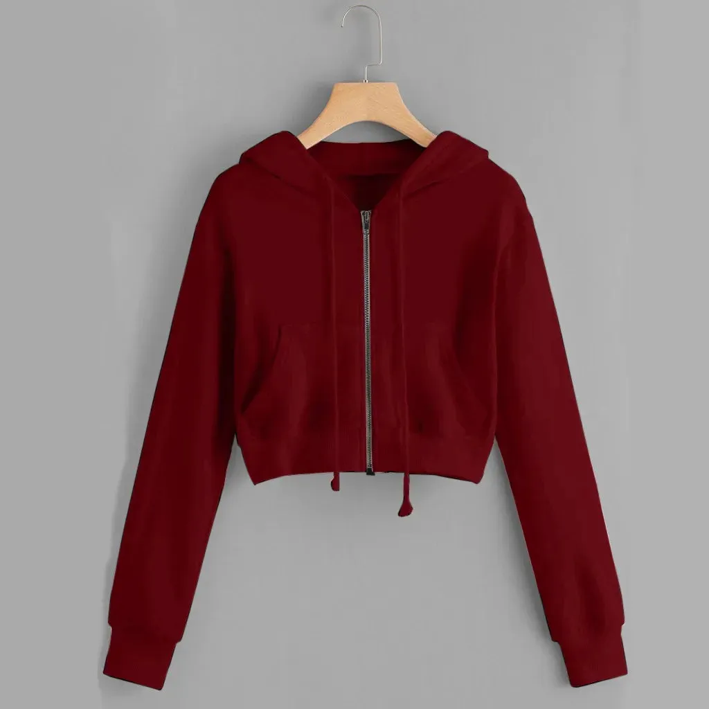Bonnyshow Casual White Crop Top Jacket Women Casual Solid Long Sleeve Zipper Pocket Shirt Hooded Sweatshirt Tops Hoodies Female Ropa Mujer