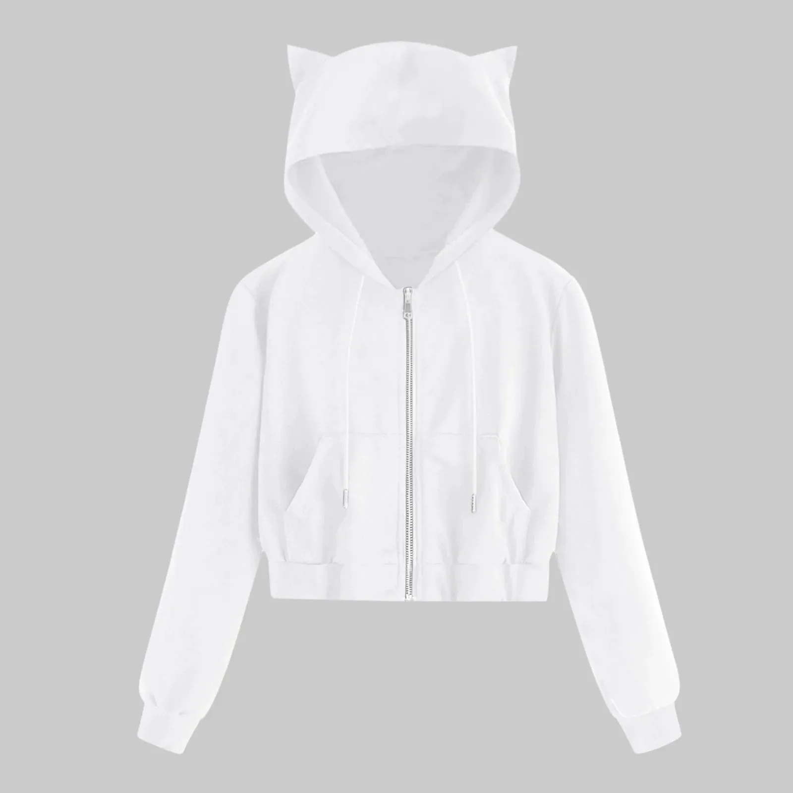 Bonnyshow Casual White Crop Top Jacket Women Casual Solid Long Sleeve Zipper Pocket Shirt Hooded Sweatshirt Tops Hoodies Female Ropa Mujer