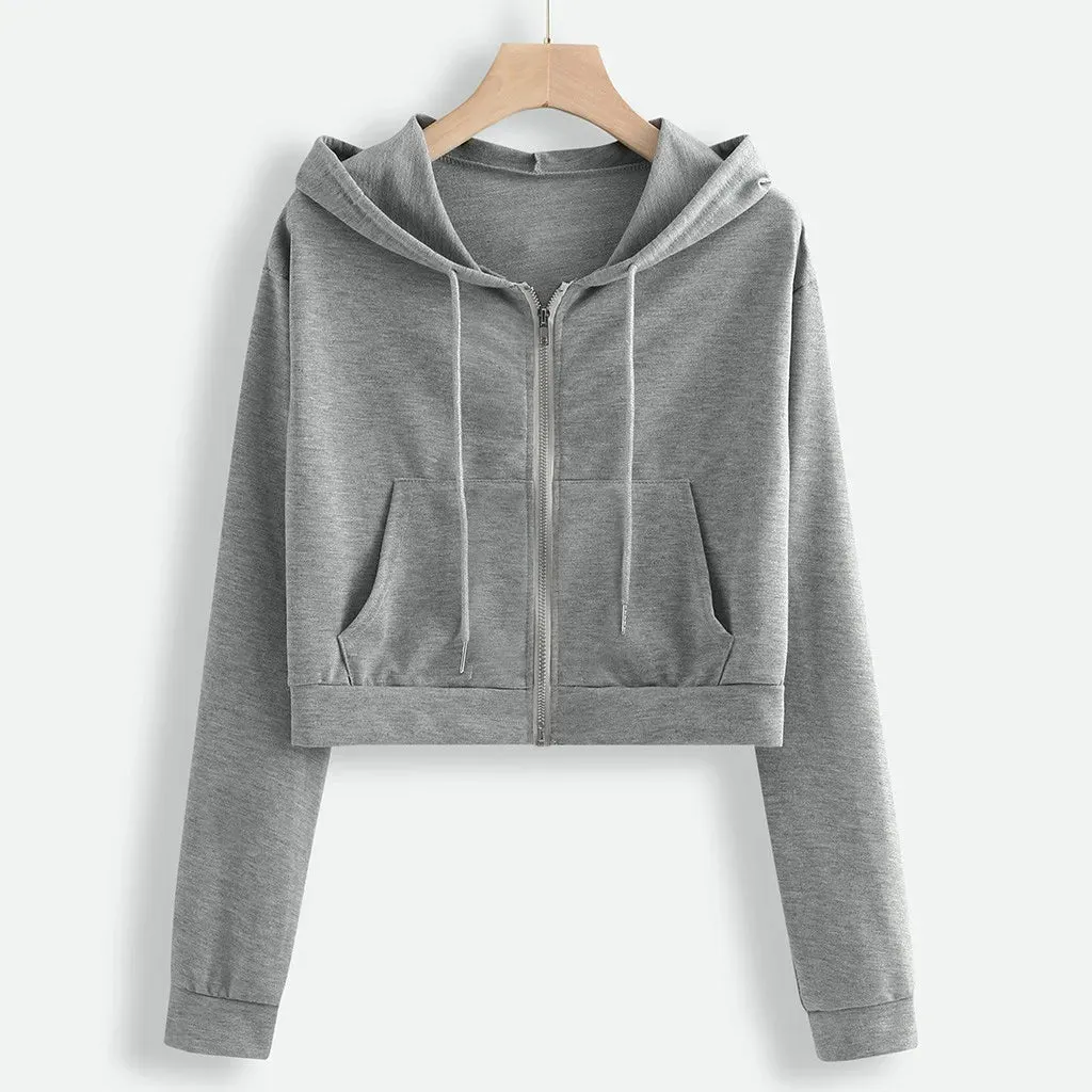 Bonnyshow Casual White Crop Top Jacket Women Casual Solid Long Sleeve Zipper Pocket Shirt Hooded Sweatshirt Tops Hoodies Female Ropa Mujer