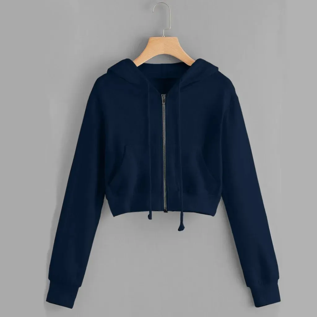Bonnyshow Casual White Crop Top Jacket Women Casual Solid Long Sleeve Zipper Pocket Shirt Hooded Sweatshirt Tops Hoodies Female Ropa Mujer