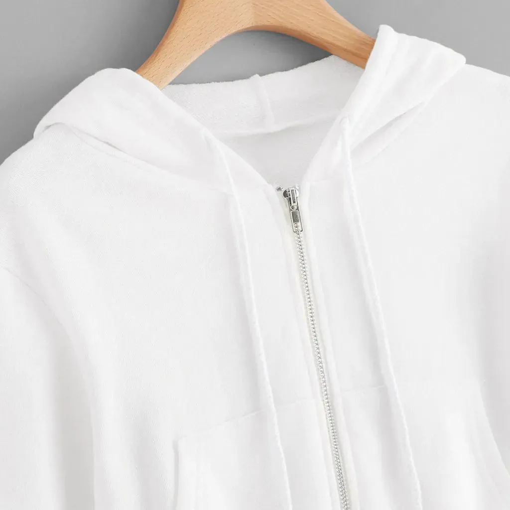 Bonnyshow Casual White Crop Top Jacket Women Casual Solid Long Sleeve Zipper Pocket Shirt Hooded Sweatshirt Tops Hoodies Female Ropa Mujer