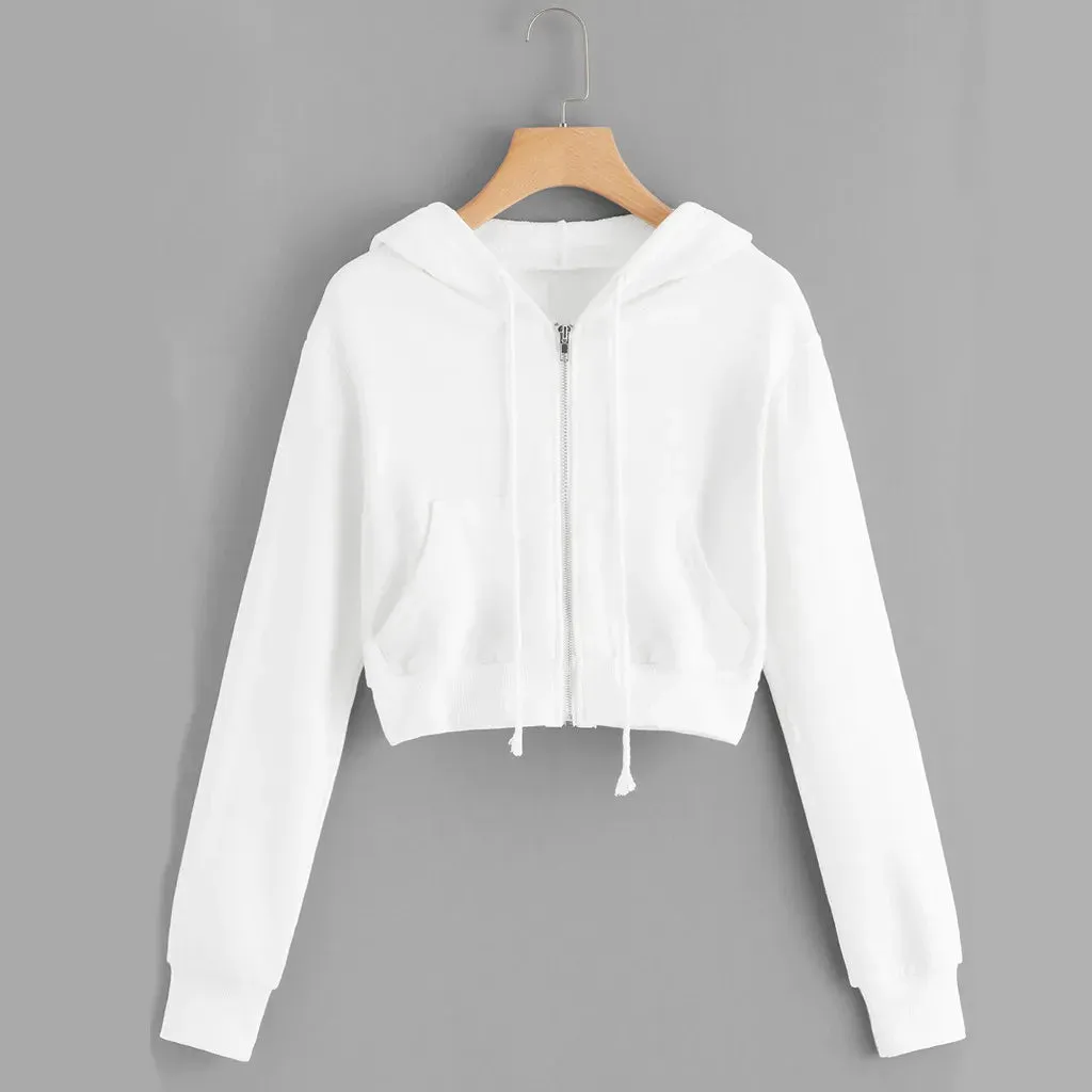 Bonnyshow Casual White Crop Top Jacket Women Casual Solid Long Sleeve Zipper Pocket Shirt Hooded Sweatshirt Tops Hoodies Female Ropa Mujer