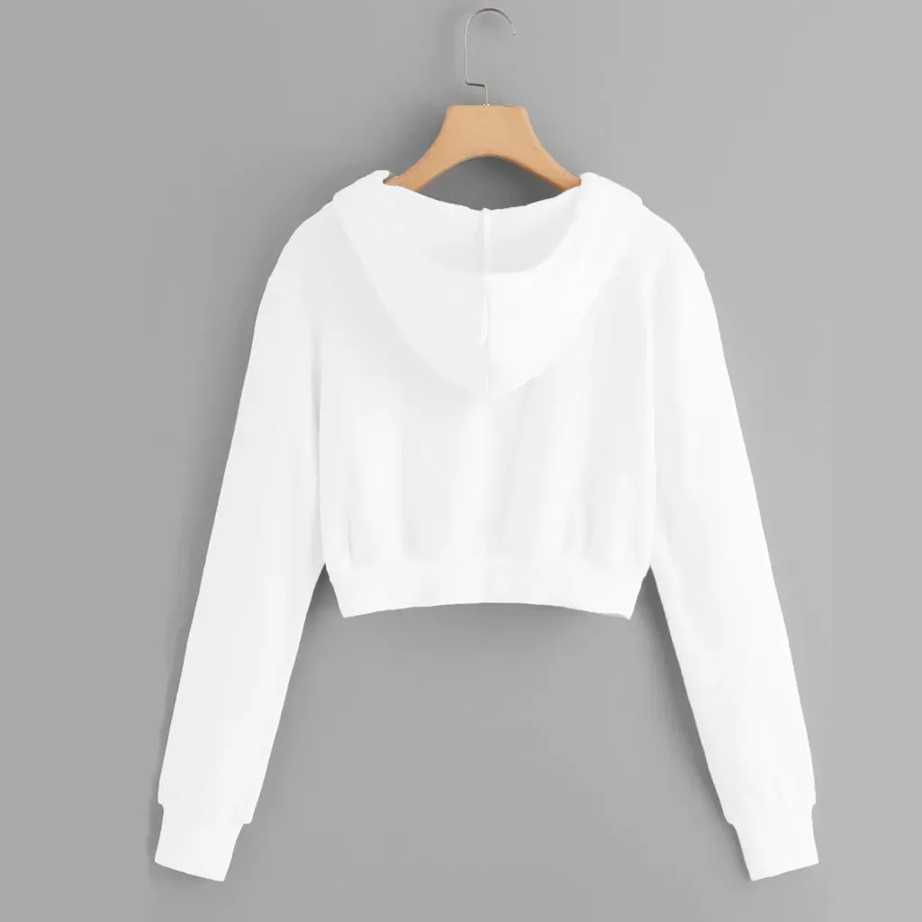 Bonnyshow Casual White Crop Top Jacket Women Casual Solid Long Sleeve Zipper Pocket Shirt Hooded Sweatshirt Tops Hoodies Female Ropa Mujer