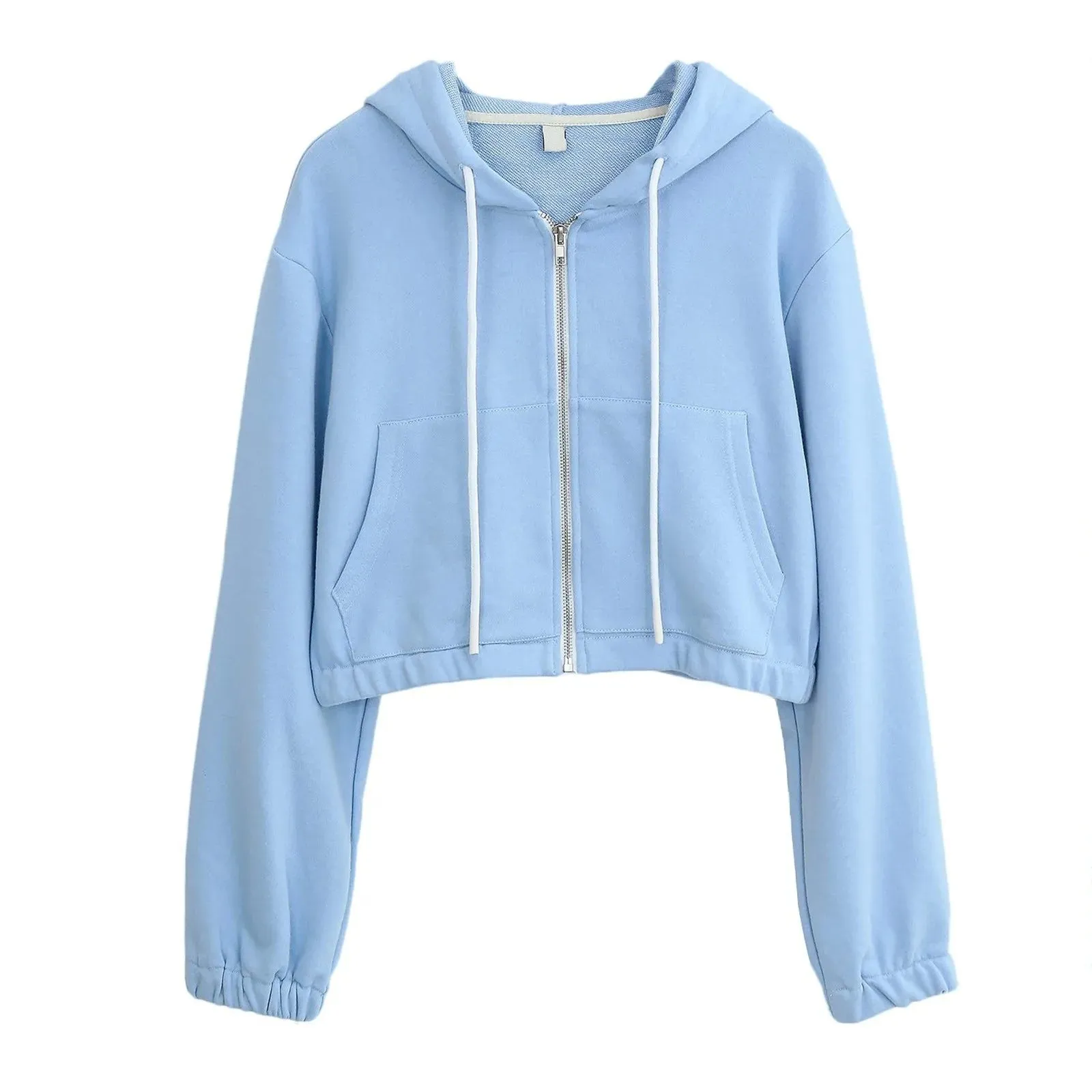 Bonnyshow Casual White Crop Top Jacket Women Casual Solid Long Sleeve Zipper Pocket Shirt Hooded Sweatshirt Tops Hoodies Female Ropa Mujer