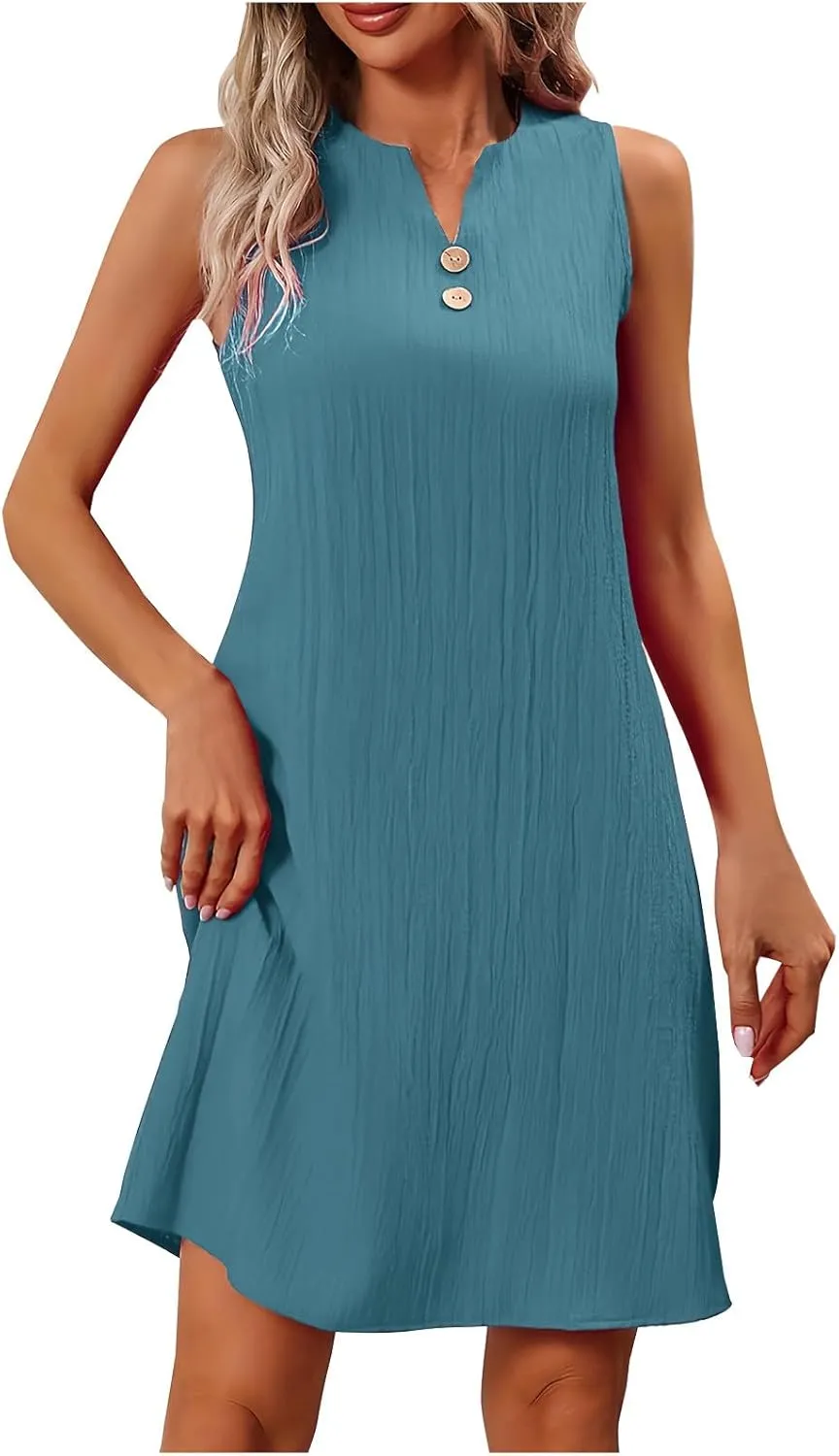 Borniu Elegant Solid Color Swing Summer Dresses for Women 2025 Beach Loose Casual A Line Dress Sleeveless V-Neck Sundress